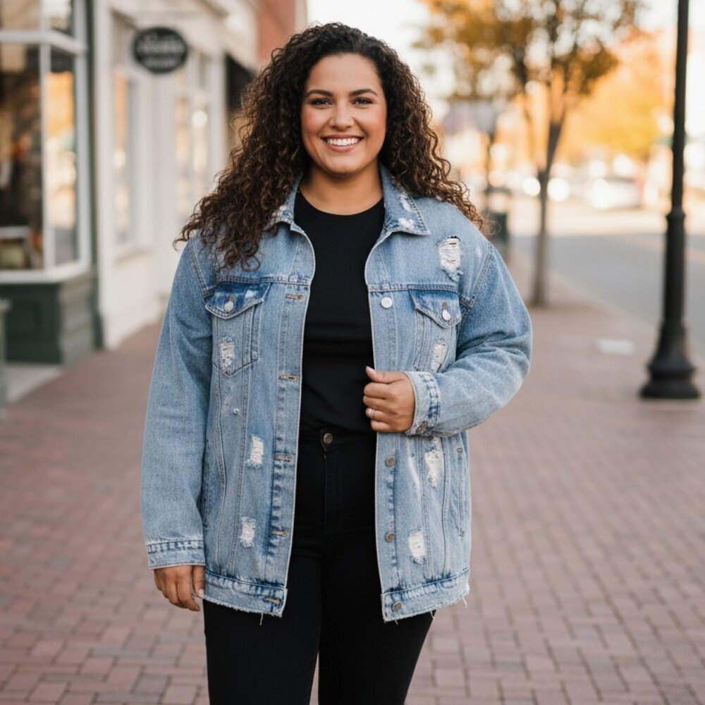 Distressed Light Wash Denim Jacket | Oversized Ripped 100% Cotton Trucker XXL